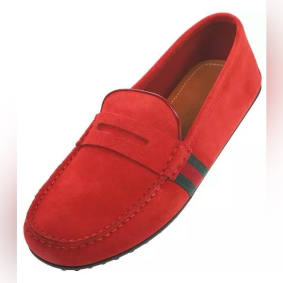 GUCCI RED SUEDE LEATHER WEB DETAIL MOCCASIN LOAFERS SHOES 5.5/US 6 NWB - Picture 2 of 8